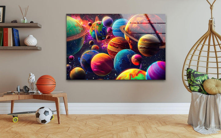 3D Colorful Planets Glass Wall Art photo print on glass, prints on glass wall art
