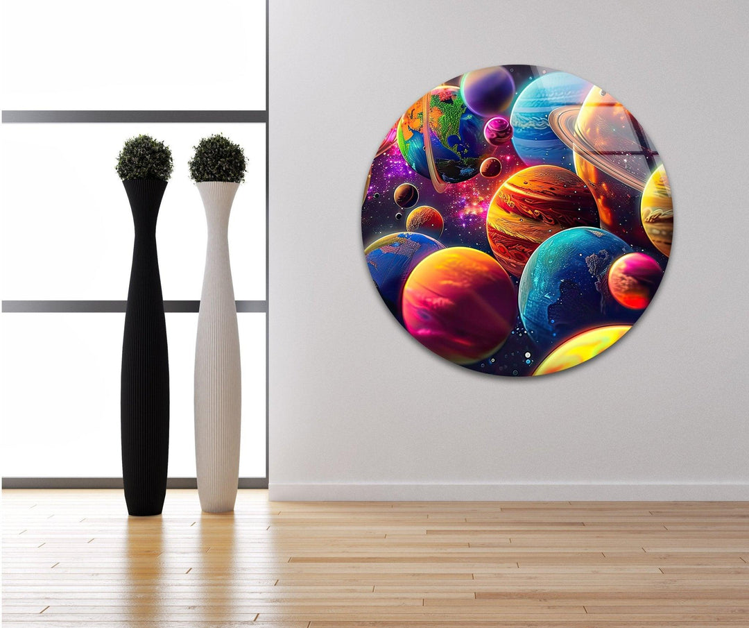 3D Colorful Planets Glass Wall Art custom glass photo prints, large glass prints
