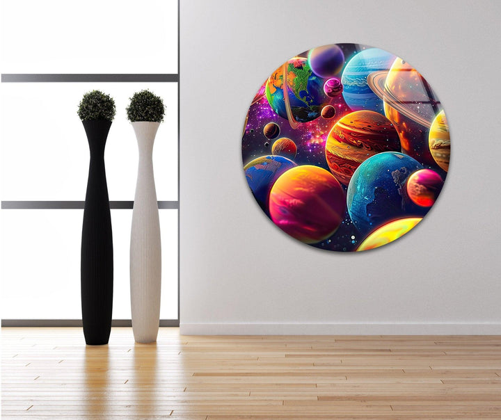 3D Colorful Planets Glass Wall Art custom glass photo prints, large glass prints
