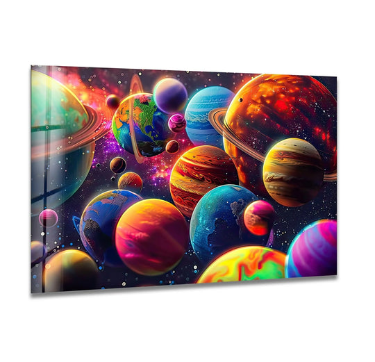 Space Wall Art with vivid celestial colors is 3D Colorful Planets Glass Wall Art a modern glass print on glass for photo wall art