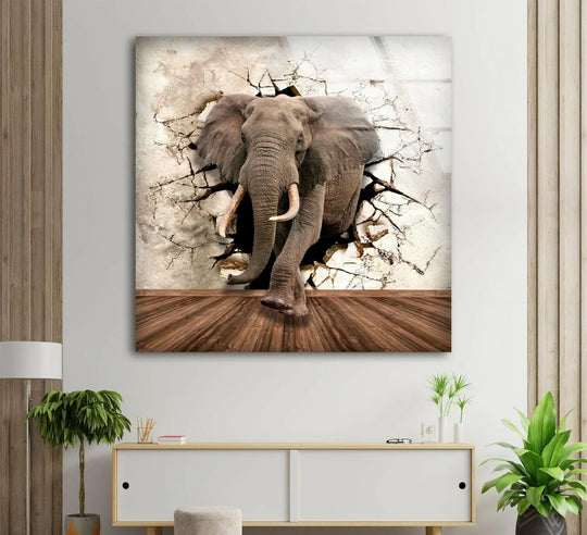 The elephant glass wall art showcases a wild animal and a 3D motif and is bold decor for safari decor and is elephant wall art on display