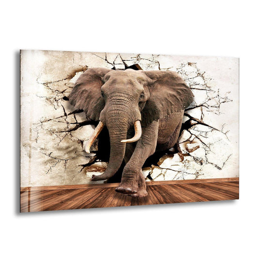 This stunning 3D elephant glass wall art features a wild animal bursting through a cracked wall and creating bold safari decor perfect for animal art lovers