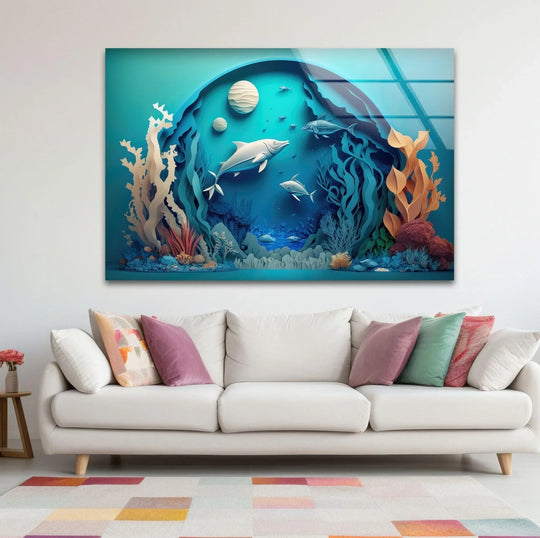 Animal glass wall art 3D fishes paint wall art underwater elegance with vivid UV printing and durable tempered glass perfect as a decor piece
