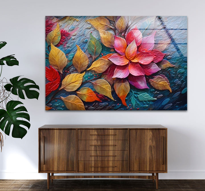 3D Vivid Pink Leafs Glass Wall Art custom glass pictures, glass art prints
