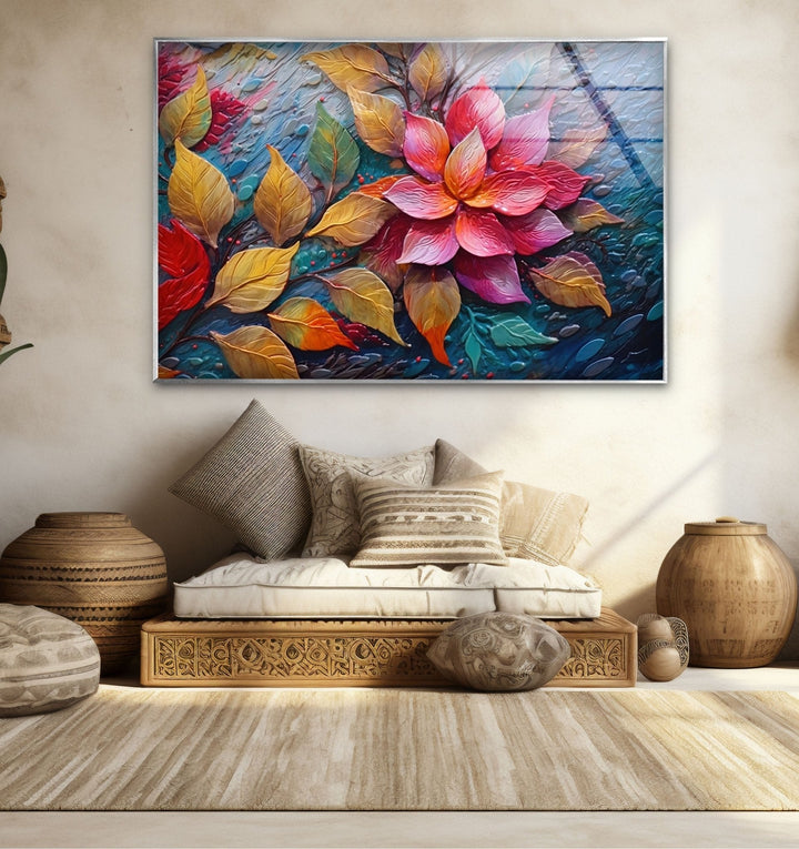 3D Vivid Pink Leafs Glass Wall Art stained glass wall art, stained glass wall decor

