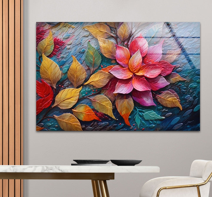 3D Vivid Pink Leafs Glass Wall Art picture on glass wall art, photos printed on glass

