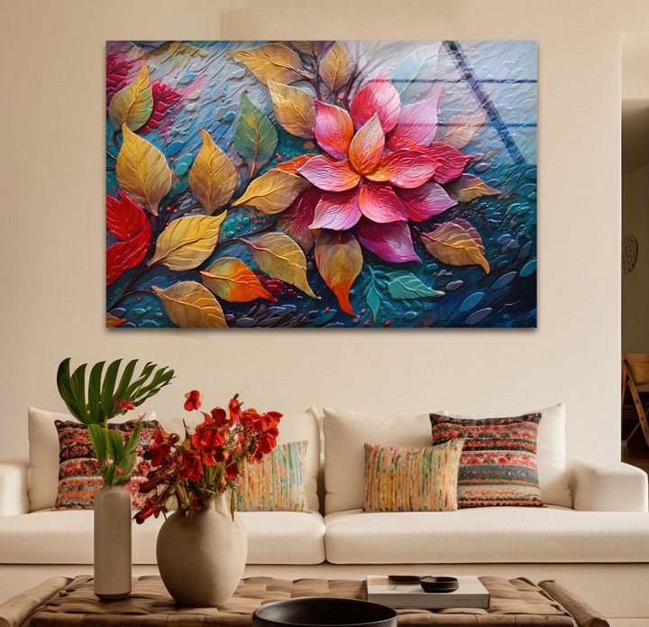 3D Vivid Pink Leafs Glass Wall Art print picture on glass, Tempered Glass Wall Art
