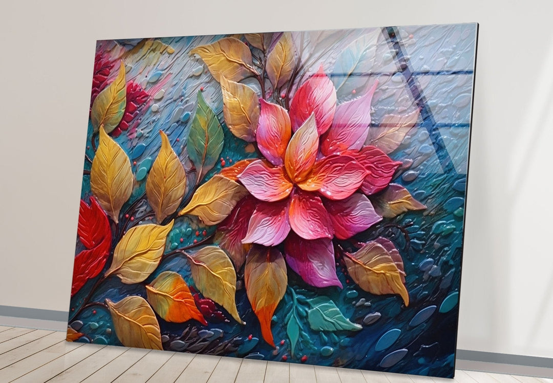 3D Vivid Pink Leafs Glass Wall Art glass pictures for Wall, glass prints wall art
