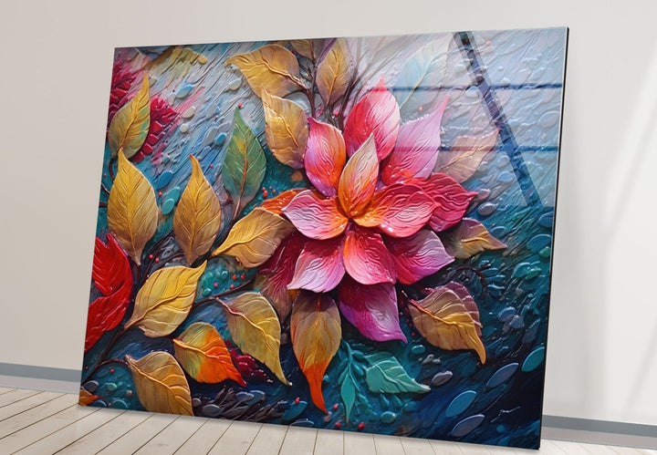 3D Vivid Pink Leafs Glass Wall Art glass pictures for Wall, glass prints wall art
