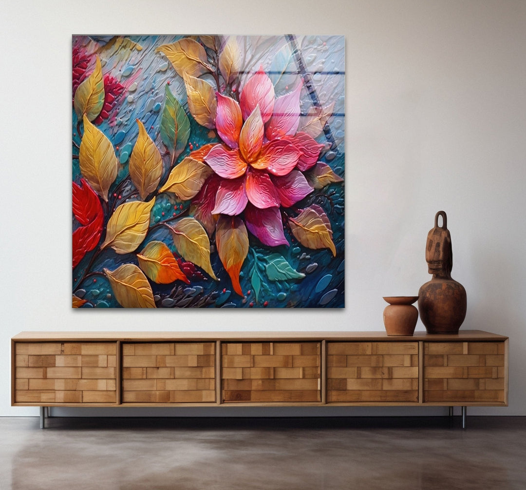 3D Vivid Pink Leafs Glass Wall Art photo print on glass, prints on glass wall art
