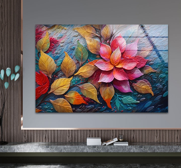 3D Vivid Pink Leafs Glass Wall Art large glass photo prints, glass wall photos
