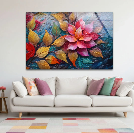 3D Vivid Pink Leafs Glass Wall Art Glass Printing Wall Art, Print photos on glass
