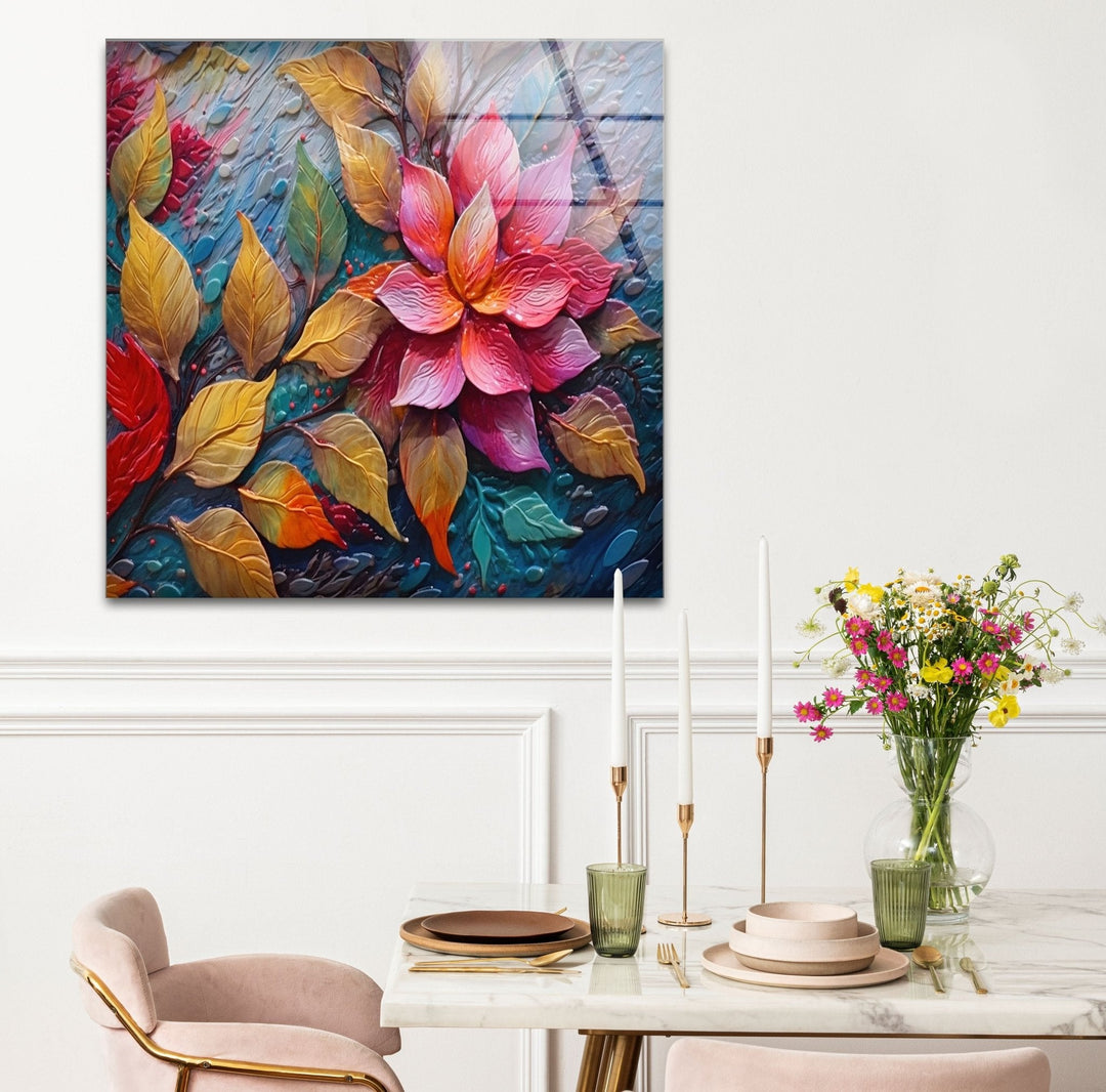 3D Vivid Pink Leafs Glass Wall Art print on glass, glass printed photos
