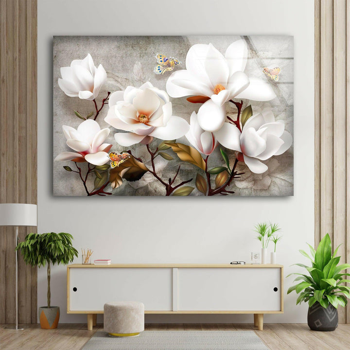 3D White Magnolia Glass Wall Art, large glass photo prints, glass wall photos