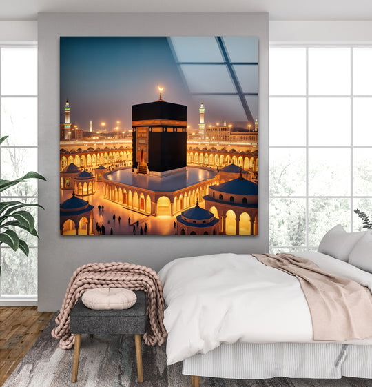 Religion canvas wall art golden and featuring Kaaba Mecca and Golden Tranquility Islamic sacred home decor and elegant art glowing with divine serenity