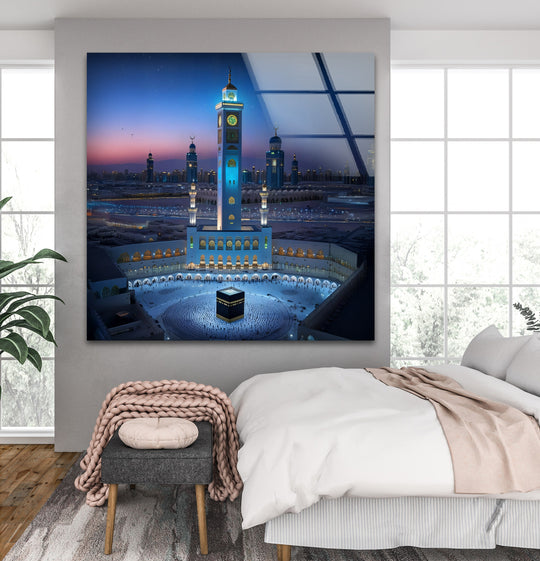 Religion glass wall art Mecca Tower and Kaaba in blue and gold tones featuring serene Islamic Kaaba home décor plus a tranquil religious theme