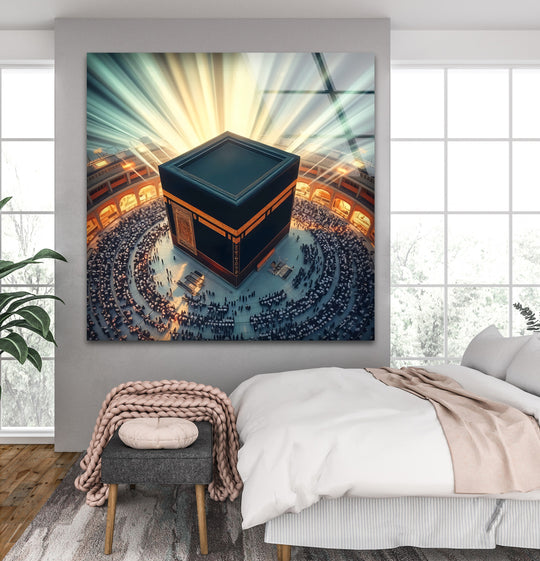 Religion glass wall art with radiant light and Divine Light Kaaba Mecca Islamic wall art plus a spiritual home décor piece