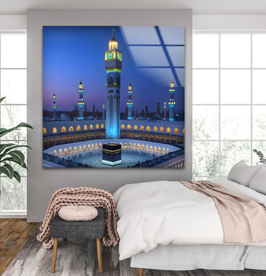 Religion glass wall art showing the Kaaba Under the Mecca Clock Tower radiating faith and spiritual peace and elegant Islamic decor
