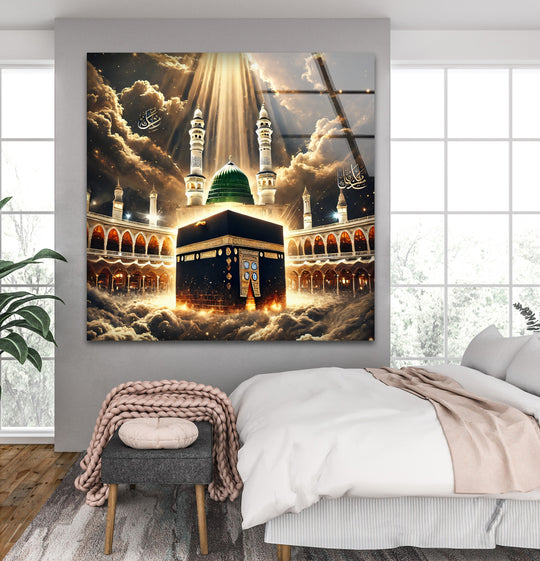 Religion glass wall art showing the Kaaba and Green Dome under divine light and Islamic faith plus luminous colors