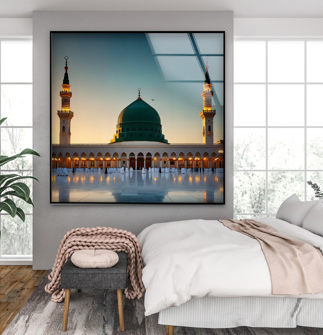 Golden Tranquility – Al-Masjid an-Nabawi Sunset Glass Wall Art