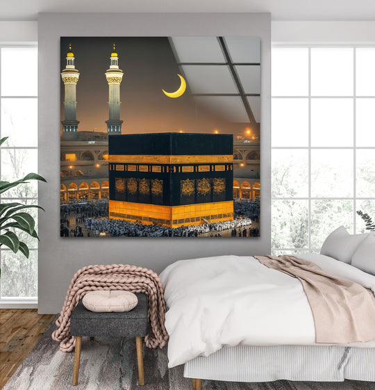 Religion glass wall art featuring the Kaaba under crescent moon with radiant finish and Islamic décor piece symbolizing peace and devotion