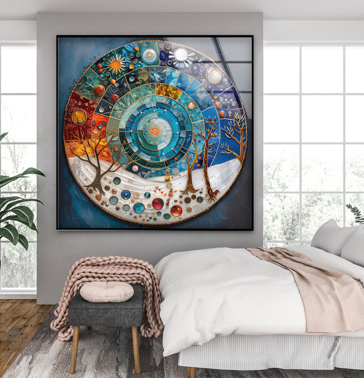 The central subject is a vibrant cosmic cycle mandala print wall art, featuring segmented abstract universe patterns with sun, moon, and seasonal trees.