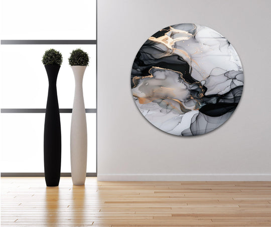 Abstract glass wall art features swirling grey and gold fluid art with marble texture, a stunning print wall art.