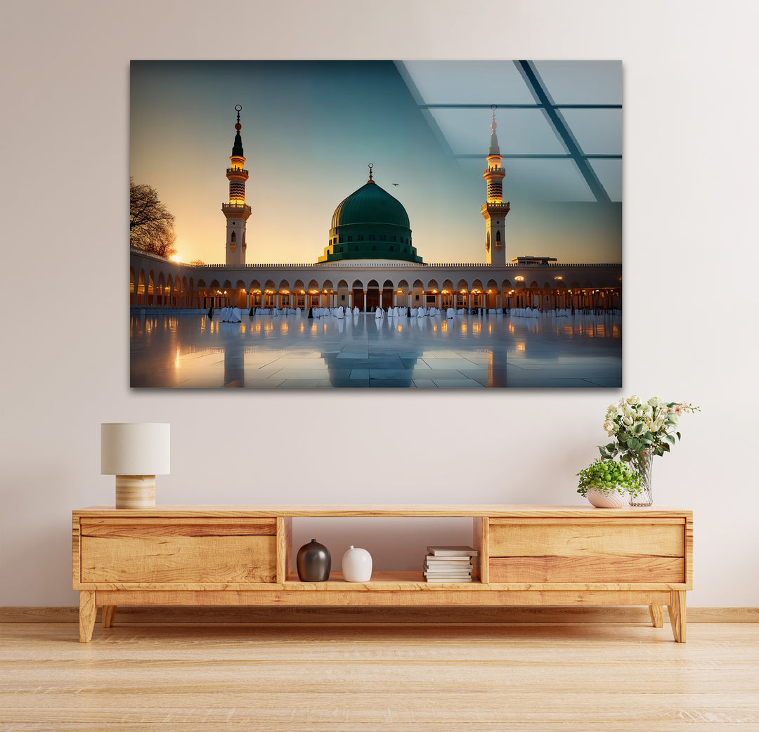 Golden Tranquility – Al-Masjid an-Nabawi Sunset Glass Wall Art