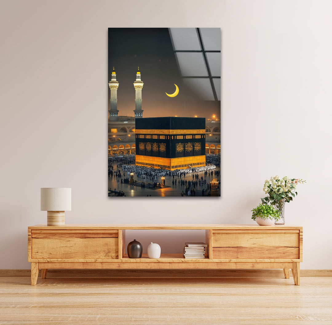 Sacred Night – Kaaba Under Crescent Moon Glass Wall Art