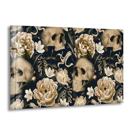 A rhythmic arrangement of gothic skulls and peonies adorns this striking glass art.