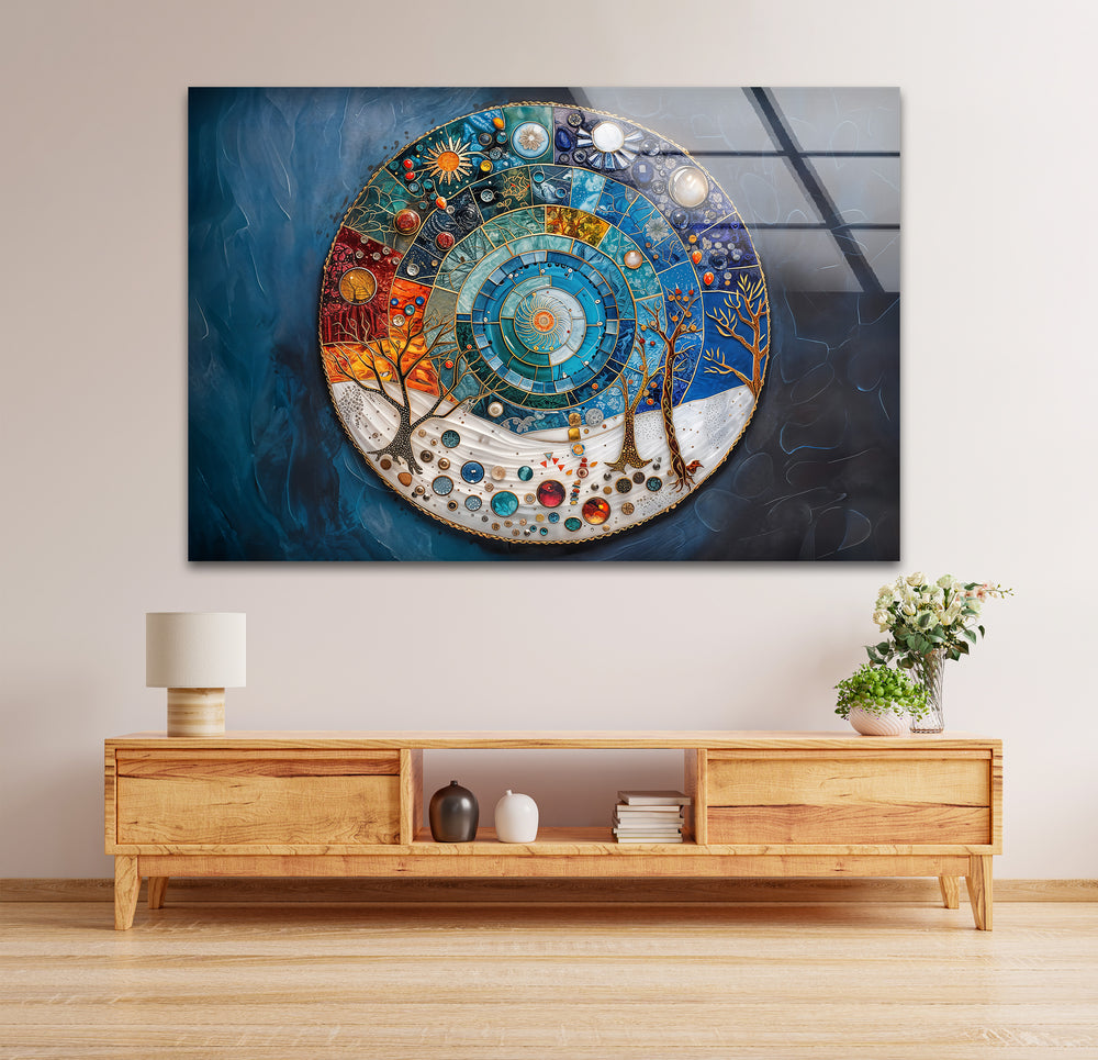 An abstract, vibrant cosmic cycle mandala is portrayed in this detailed glass art painting, featuring intricate universe-inspired patterns.