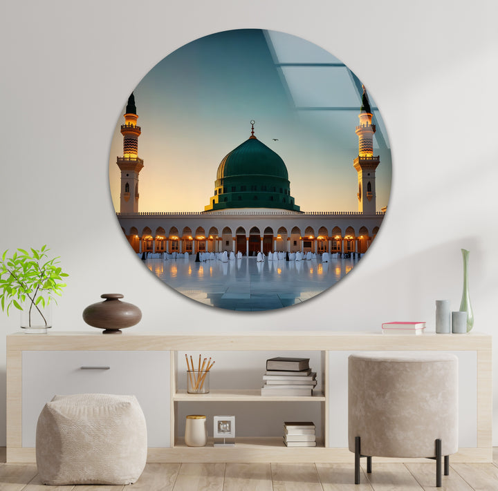 Golden hour glass artwork of Al-Masjid an-Nabawi dome