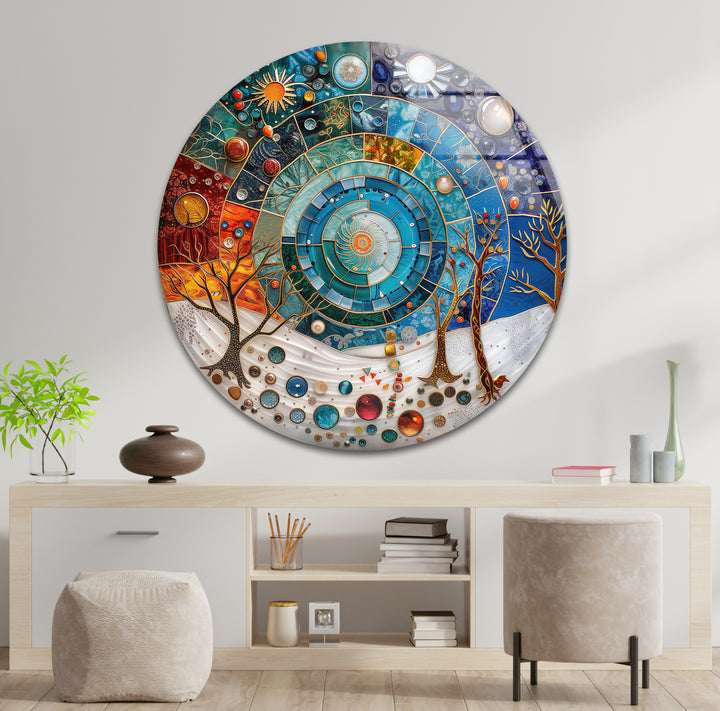 The realistic detail of the abstract universe cosmic cycle mandala glass wall artwork vividly showcases its intricate textures and brilliant, segmented patterns.