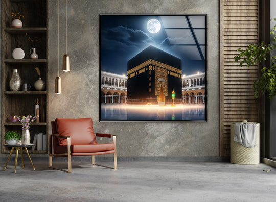 Religion glass wall art Kaaba under full moon art and Islamic wall decor symbolizing faith beauty and divine peace