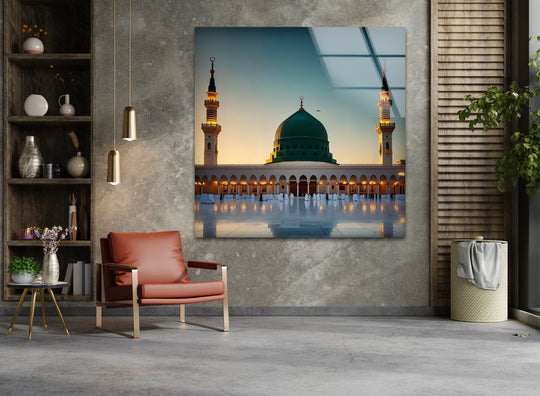 Smooth surface texture enhances the Al-Masjid an-Nabawi glass wall art, enriching the home decoration in this tranquil sunset scene.