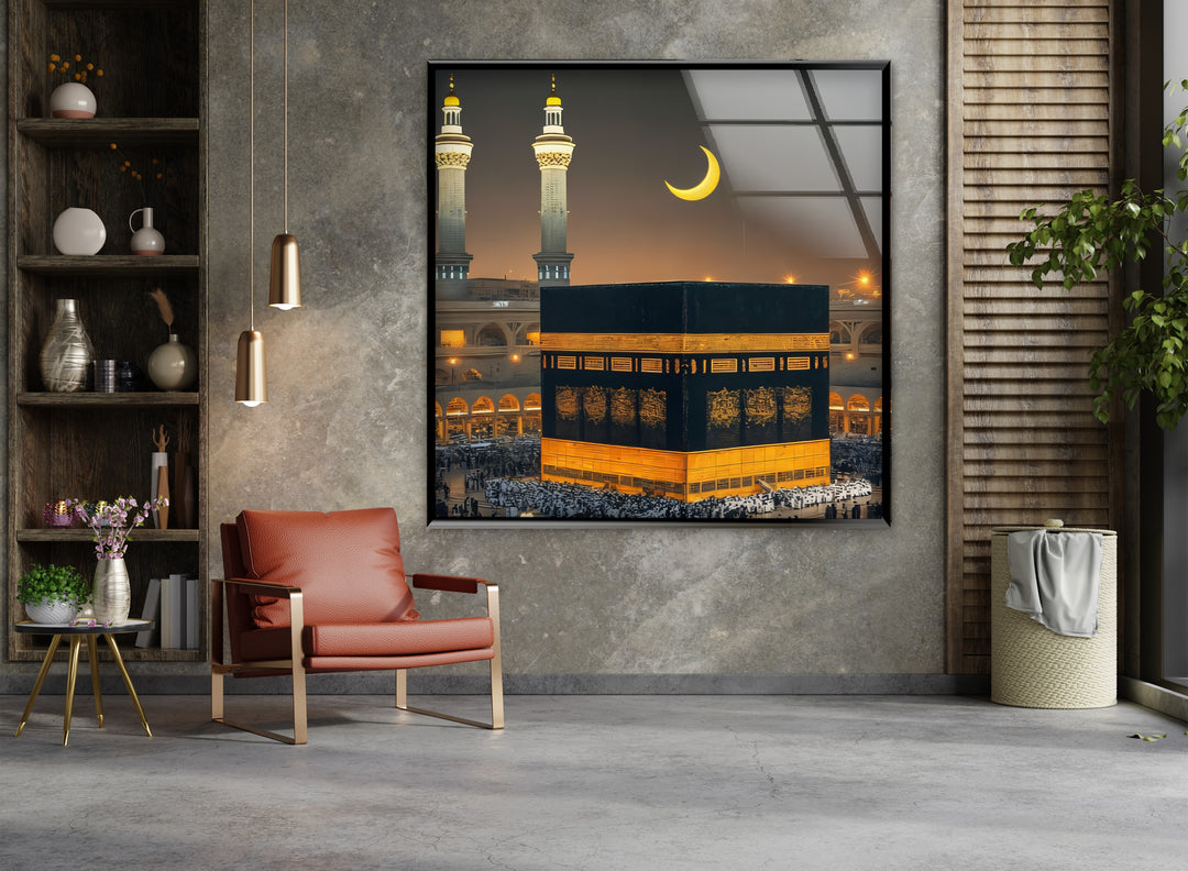 Sacred Night – Kaaba Under Crescent Moon Glass Wall Art