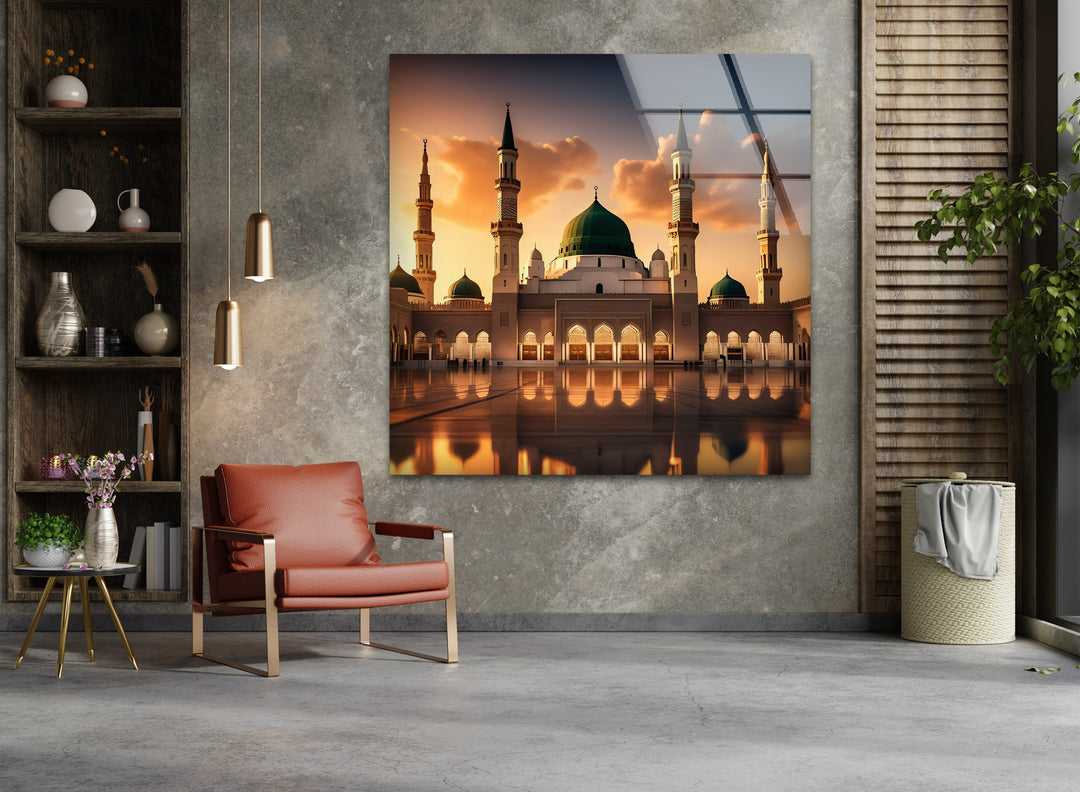 Peaceful glass wall decoration of Medina mosque at dawn