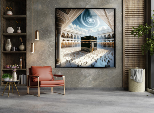 Religion black and gold glass wall art featuring celestial light and Kaaba plus Islamic home décor and spiritual centerpiece