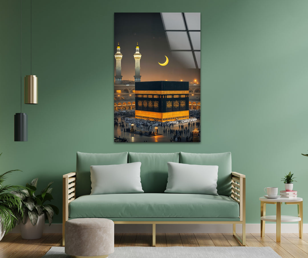 Sacred Night – Kaaba Under Crescent Moon Glass Wall Art