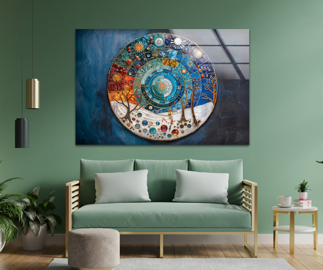 This stunning cosmic mandala glass wall art decor boasts premium material quality, with its vibrant colors appearing luminous on the flawless glass.