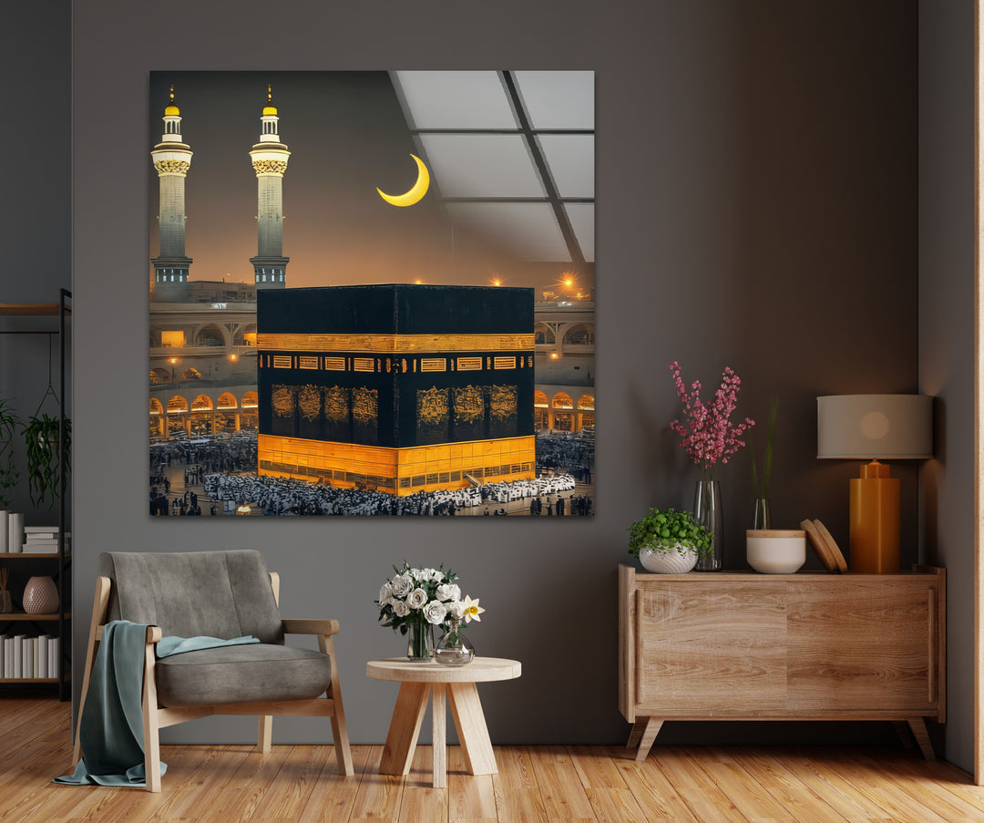 Sacred Night – Kaaba Under Crescent Moon Glass Wall Art