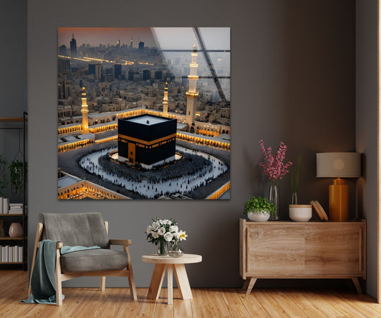 Religion glass wall art aerial view of Kaaba and dusk skyline blending faith and modern design Islamic wall art adds to any home decor