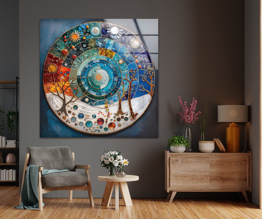 The realistic detail of this vibrant Cosmic Cycle Mandala glass wall artwork showcases intricate celestial and seasonal elements in stunning clarity.