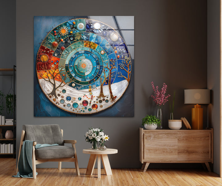 The realistic detail of this vibrant Cosmic Cycle Mandala glass wall artwork showcases intricate celestial and seasonal elements in stunning clarity.