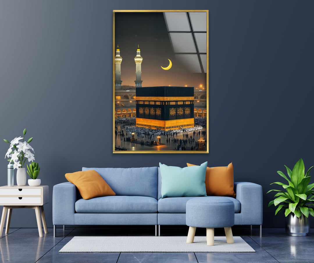 Sacred Night – Kaaba Under Crescent Moon Glass Wall Art
