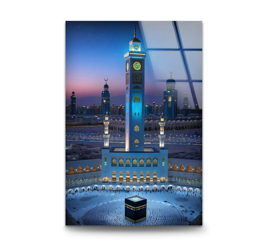 Religion glass wall art Mecca Clock Tower and Kaaba and Islamic art plus Islamic home decor
