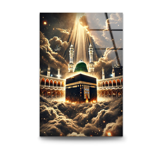 Religion glass wall art shows the Kaaba and Green Dome under divine light and luminous Islamic decor symbolizing faith and unity