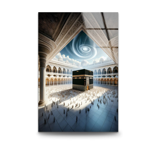 Religion glass wall art Kaaba under divine light with swirling celestial motif and Islamic home decor