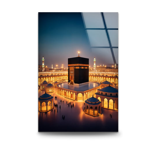 Religion glossy glass wall art shows the Kaaba Mecca and Islamic golden tranquility and sacred home décor