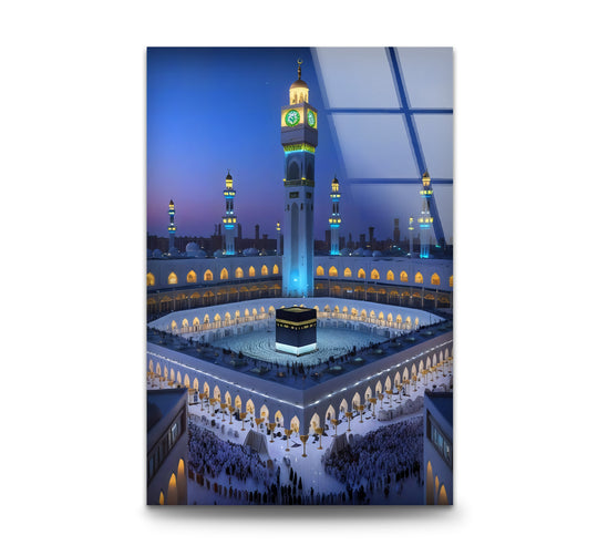 Religion glass wall art displaying the Kaaba and clock tower and Islamic imagery a spiritual wall decor artwork radiating faith and serenity